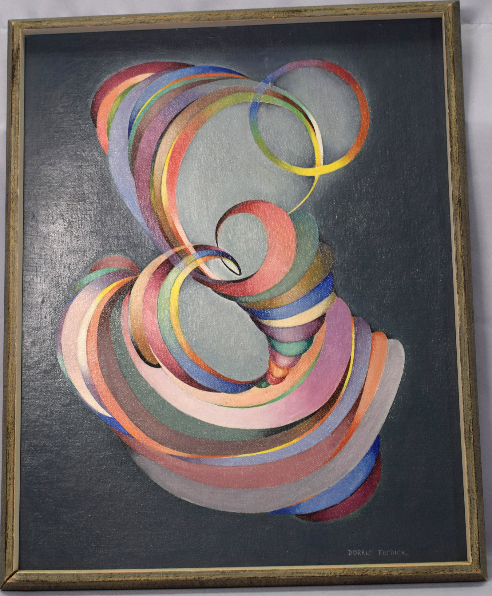 DORRIS FOSDICK OIL PAINTING: Oil on board. Dorris Fosdick Keene New Hampshire Titled "Rhythm". 15 1/2 inches x 19 1/2 inches. Frame 17 inches x 21 inches. 1 inch thick. Shipping 2 pounds. Good condition.