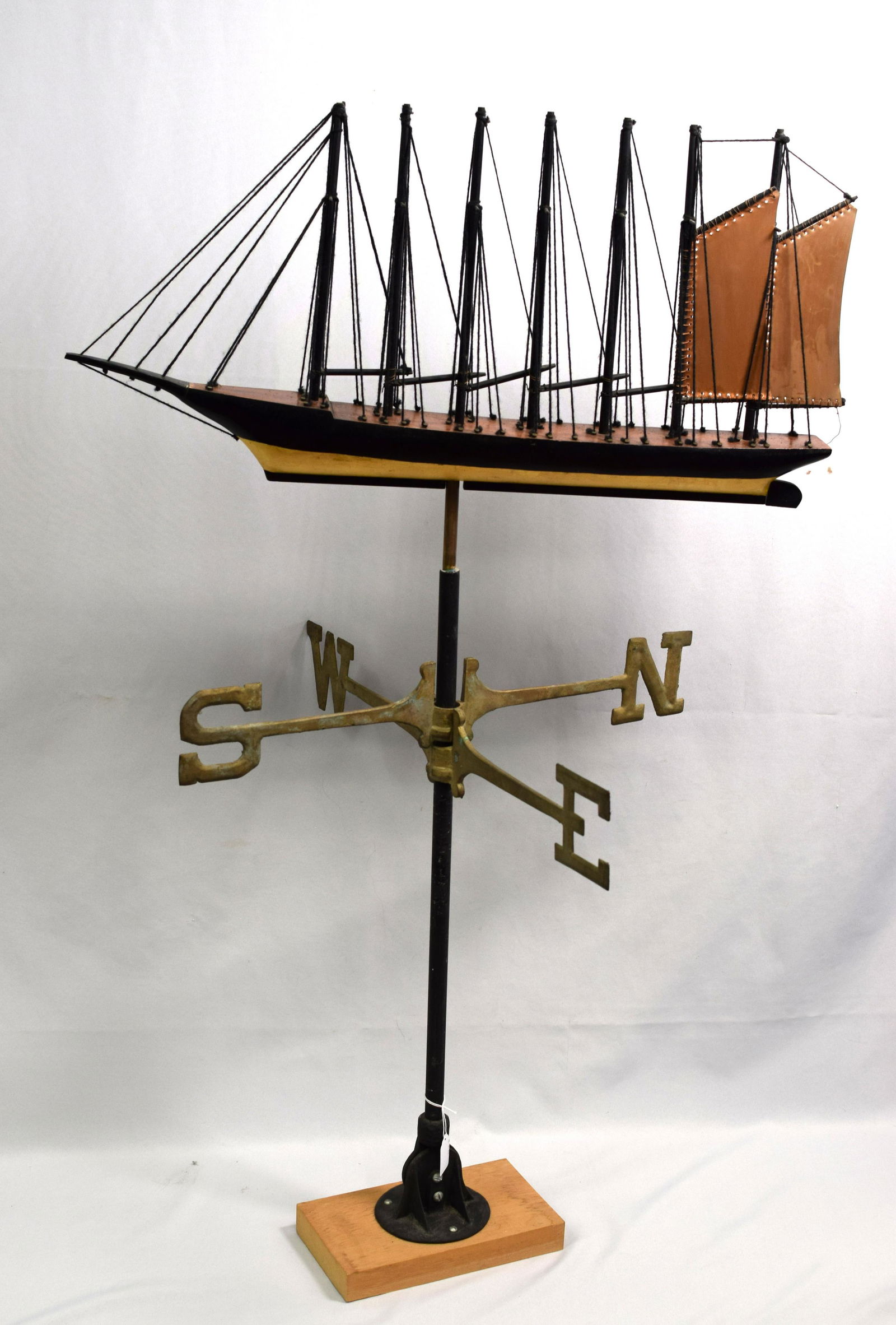 THOMAS W. LAWSON SEVEN MAST SHIP WEATHERVANE: Vintage ship model weathervane of the Thomas W. Lawson seven mast ship. Ship built Fore River ship yard quincy. Model of Thomas Lawson ship 29 inches long x 3 inches wide x 14 inches tall. Wood painte