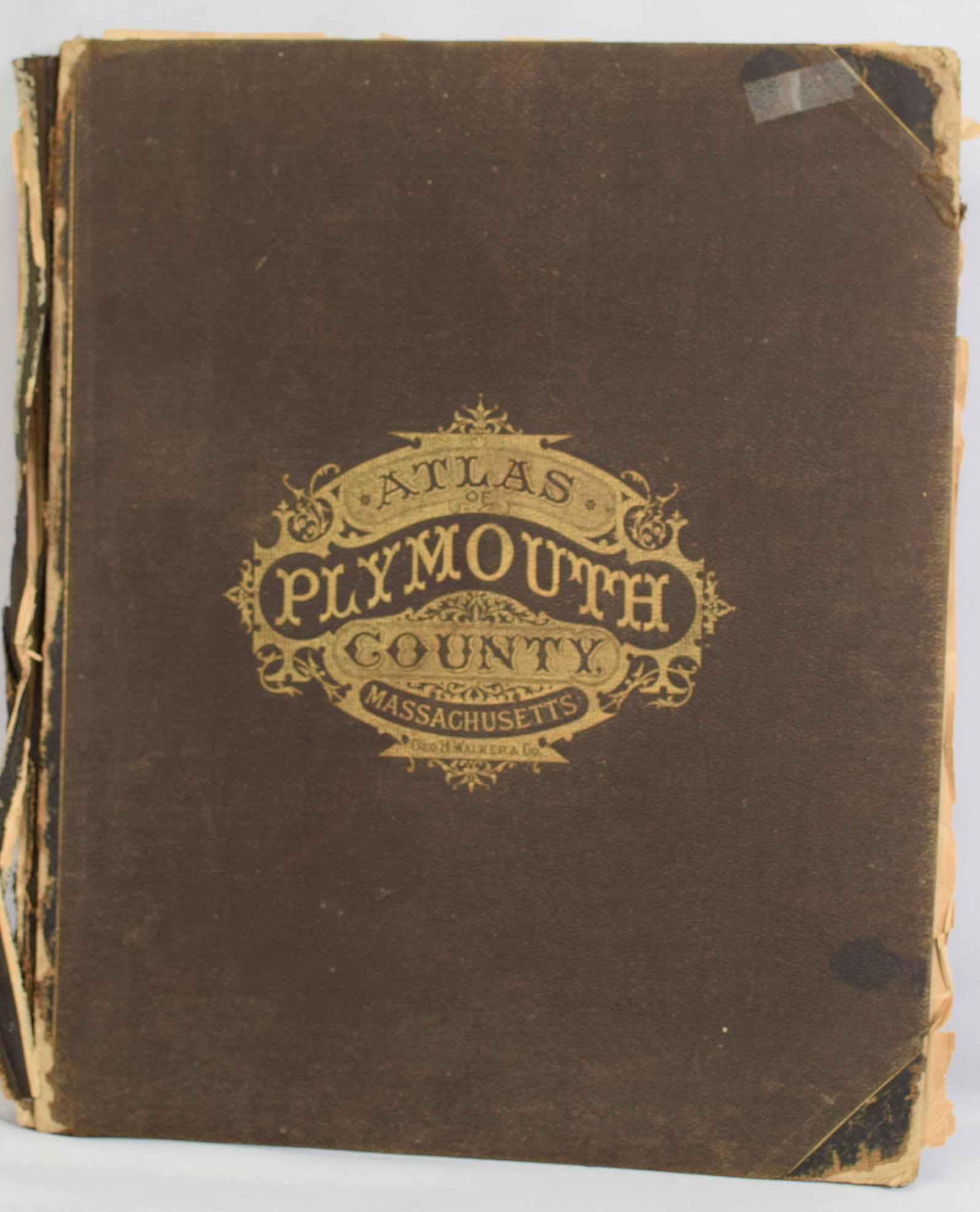 1879 BOUND ATLAS OF PLYMOUTH COUNTY: Atlas of Plymouth County, Massachusetts, 1879, published by George H. Walker & Co., Boston, Mass. Rough condition covers and detached, Missing some front pages. Loose first 10 pages. Hand coloredmaps.