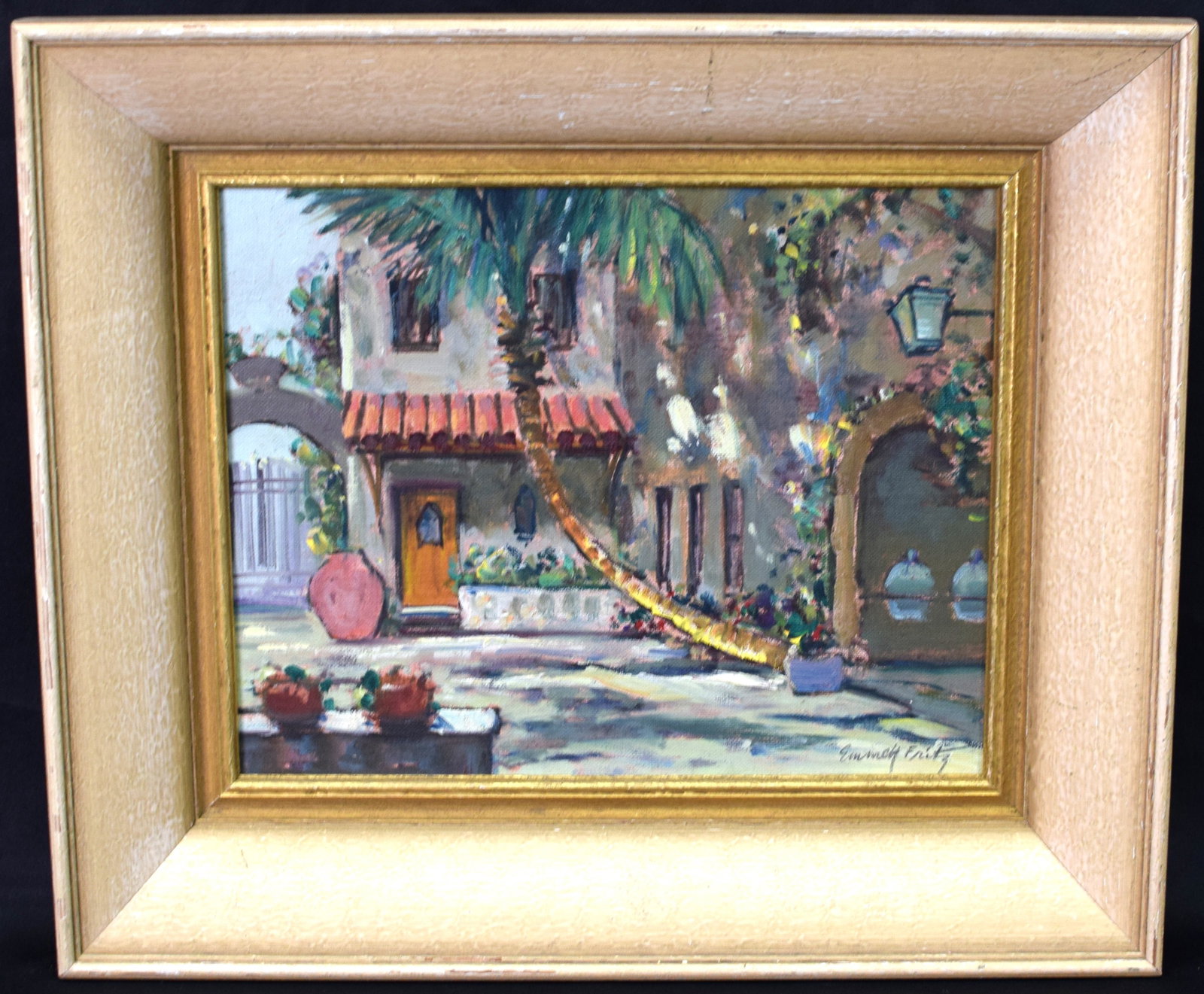 EMMETT JOHN FRITZ SOUTHERN SCENE OIL PAINTING: Emmett John Fritz (Florida 1917-1995). Ca 1950’s. Southern scene, probably Florida, with stucco house with tile awning and patio garden. Titled on back Patio-Old Spanish Inn. Image 8 inches x 10inch