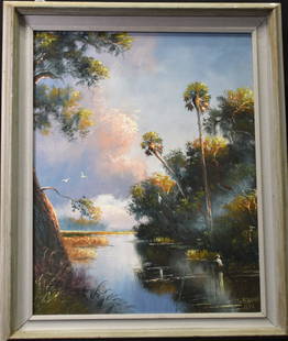 SAM NEWTON FLORIDA HIGHWAYMEN OIL ON BOARD: Sam Newton (American, b.1948), Florida Highwaymen artist, oil on masonite. Original frame. Signed and lower left. S. Newton. Image is 20 x 16". Size: 24 x 20" including frame Image withseagull.