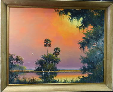 SAM NEWTON FLORIDA HIGHWAYMEN OIL ON BOARD: Sam Newton (American, b.1948), Florida Highwaymen artist, oil on masonite. Original frame. Signed and lower left. S. Newton. Image is 28 x 22". Size: 32 x 26" including frame Image with firesky. Marke