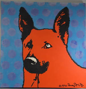 ROMERO BRITTO ACRYLIC 1990 PAINTING: Romero Britto (born 1963 Recife, Brazil), known for pop art painting and sculpture. Titled The German Dog and dated 1990. Acrylic mixed media on canvas. Image 36 inches square. Signed and