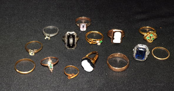(on-13) GOLD VINTAGE & ANTIQUE RINGS: Consists of 1) Diamond and onyx ring. 14k white gold. Good condition. Size 6. Approx. 2.3 DWT. 2) Hard stone cameo ring. 14k yellow gold. Ring size 6 Good condition. 3.2 DWT. 3) 14k emerald flowerring