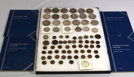 ASSEMBLED ESTATE US COINS: Consists of 1) Assembled in Riker case. 14 US silver Morgan circulated dollars. 1879-1921. 3 silver peace dollars. 2) 1981 English Diana & Charles Commemorative Coin. 6 Silver half dollars. 1 silver q