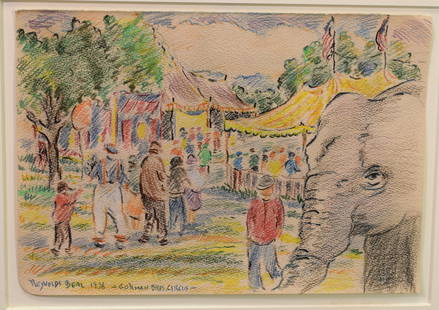 REYNOLDS BEAL GORMAN BROS. CIRCUS ELEPHANT DRAWING: Signed, titled, and dated "Reynolds Beal 1936 Gorman Bros. Circus" lower left. Reynolds Beal Massachusetts, Rhode Island 1866-1951. Beal studied naval architecture at Cornell Universitybefore studying