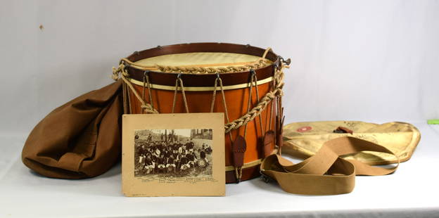 1900 PRESENTATION COAST ARTILLERY LEXINGTON DRUM: John Haynes Company Boston maker. Presentations, dates and signatures. Titled Lexington Drum Corps. Has photo of Drum Corp 1900. Drum used for many occasions. Post Civil war era. Snare drum 17 1/2inch