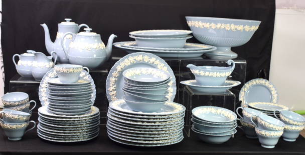 WEDGWOOD BLUE & WHITE RELIEF QUEENSWARE SET: Large set of 82 pieces of Wedgwood Queensware dinner service. Set for twelve. All pieces in good condition. Never used. Consists of 12 dinner plates, 12 salad plates, 12 sandwich plates, 12bowls, 12 s