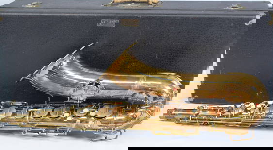 TENOR SAXOPHONE C G CONN ELKHART WITH CASE: Tenor saxophone with original velvet lined fitted black case, by C.G. Conn Limited, Elkhart, Indiana. Approx. 32" t. In Good condition. Mark with pattern date Dec 8th 1914. 1119954, T,M168738 L. Saxop