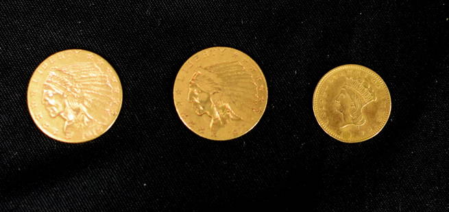 (on-3) INDIAN HEAD QUARTER EAGLE 1911 & 1915 COINS: Consists of 3 US gold coins, two Indian Head quarter dollars and 1 1856 Princess Head dollar. 1) Us Indian head $2.50 gold coins. 1911 and 1915. Both coins not graded and circulated. 1911 withsome wea