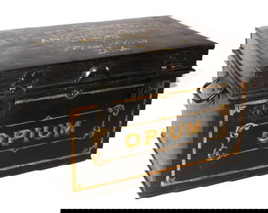 20TH C DECORATIVE MARITIME MEDICAL ANCHOR LINE OPIUM MEDICAL BOX: Metal hinged box with a lock, two handles and yellow or gilt lettering, reads.:RMS Transylvania Anchor line Glasgow Scotland. Metal box size 16 inches wide x 10 inches tall x 11 1/2 inches deep. Also