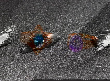 (on-2) VICTORIAN GOLD RINGS: Consists of 1) Victorian Oval shape black opal with seed pearls. Ring size 6. Tested 10k. Good condition. 2) Cabachon amethyst Victorian gold ring. Ring size 5. Amethyst approx. 2 carats.Tested 10k. B