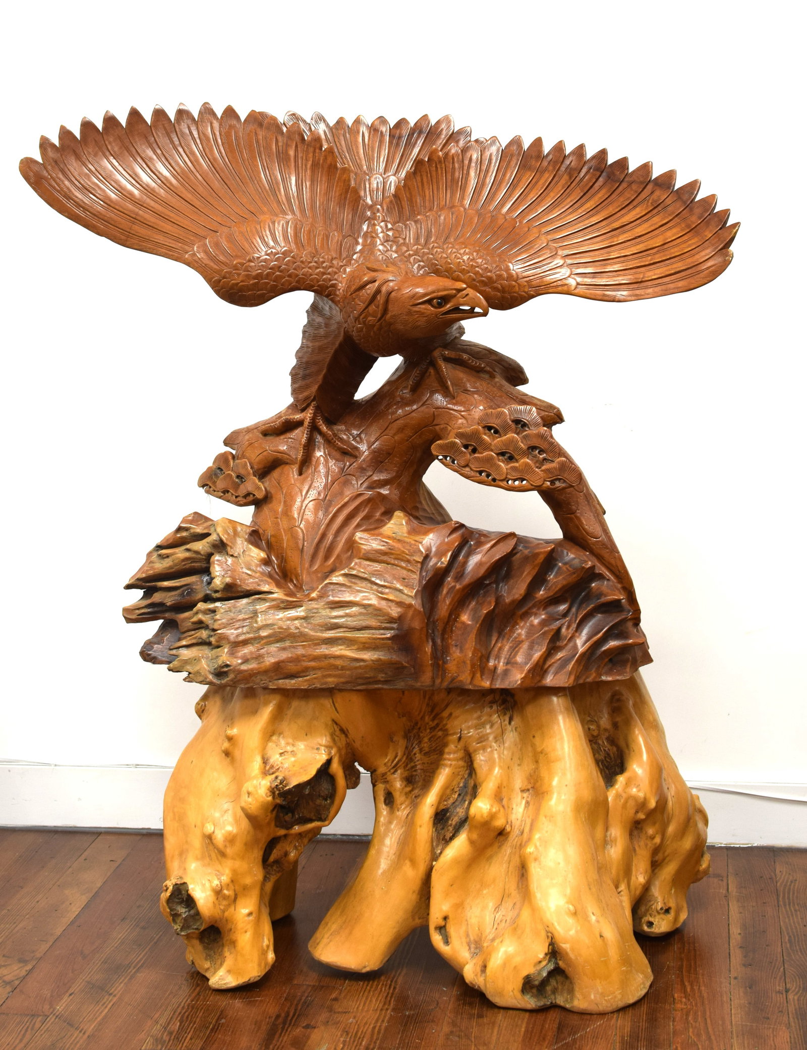 MASSIVE CARVED WOODEN EAGLE SCULTURE WITH STAND (1 of 9)