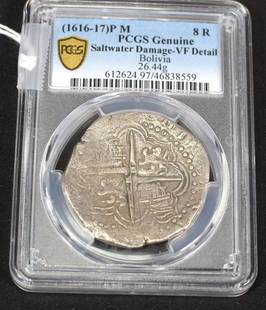 1616 SHIPWRECK SPANISH BOLIVIA SILVER REALES COIN: Ca 1616-17 P M. Bolivia 8 Reales. PCGS certified. Saltwater damage - VF Detail. Graded.