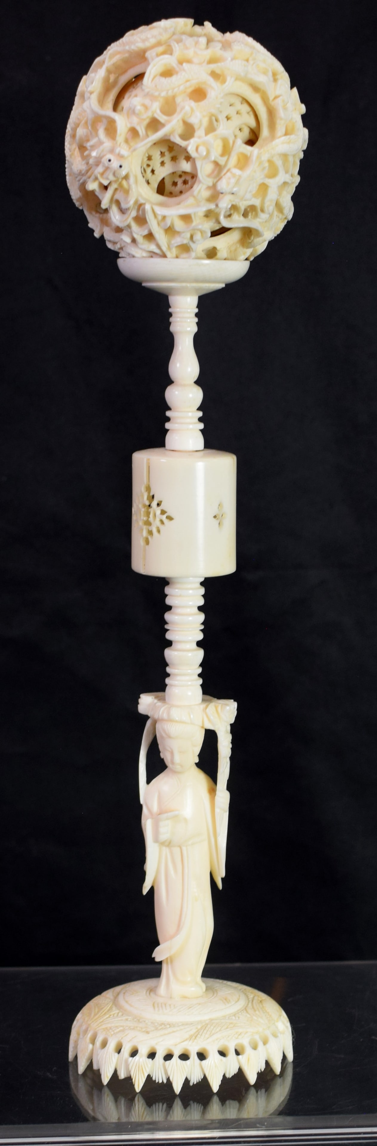 CHINESE CARVED PUZZLE BALL ON FIGURAL STAND (1 of 6)