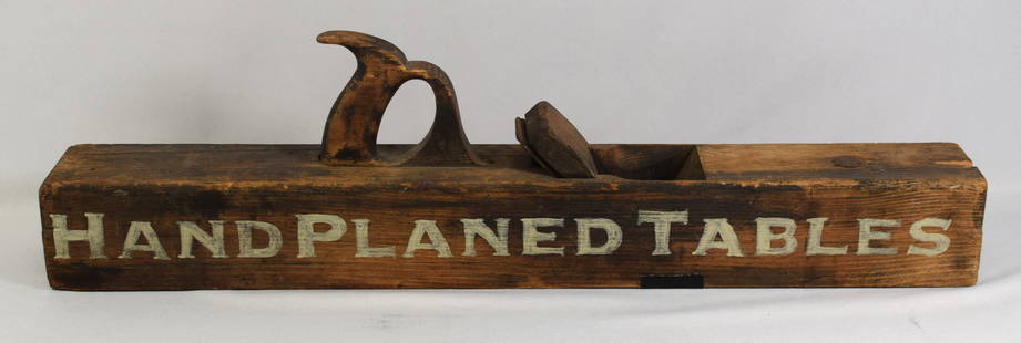 JOINTER HAND PLANE FIGURAL ADVERTISING SIGN: Folk art hand planed tables figural tool sign. 19th century wood working jointer plane. Painted both sides and used as sign. 28 inches long x 8 inches tall x 4 inches wide. 11 pounds shipping.Good con