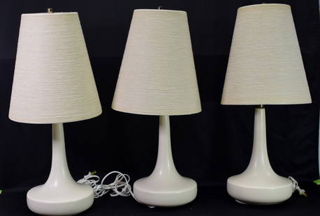 (on-3) BOSTLUND CERAMIC POTTERY TABLE LAMPS: Ceramic Pottery Table lamps. Cream glaze on swollen base bodies. Not marked. Fiberglass shades.-- Dimensions: H: 24 inches: W: 11 inches: D: 11 inches. Good conditions. 5 pounds each.