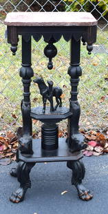 UNIQUE DEER & DOG DECORATED MARBLE TOP PLANT STAND: Unique deer & dog carved 1875 marble top plant stand. 34 inches tall x 16 inches x 13 inches. Not marked. Missing antlers, some accents on base, old repairs and some chips. Shipping weight 22pounds ap