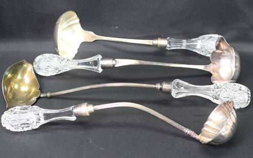 AMERICAN BRILLIANT CUT GLASS & SILVERPLATE LADLES: On Four American Brilliant glass and silver-plated punch bowl ladles. 1) Approx. 14 inches. Signed J D Bergen. Good condition. . 2) Marked Gorham. Silver-plate. 16 1/2 inches long.Good condition. 3) P