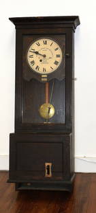 GLEDHILL BROOK TIME RECORDER OAK WALL CLOCK: Antique oak punch card time recorder wall clock. Signed Gledhill Brook time records LTD. 43 inches tall x 15 1/2 x 14 1/2 inches. Metal face with time movement, appears to be complete and working. Has