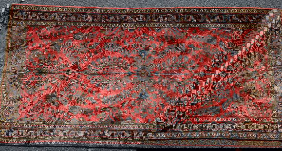 SAROUK PERSIAN ORIENTAL SCATTER RUG: Ca 1950's. Approx. 6' 10 inches x 3' 5 inches. Red field with floral pattern. Blue floral border. Some fading and one spot with moth damage. Good condition. Shipping 16 x 12 x 12 and 14 pounds.