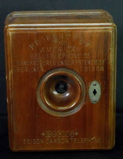 RARE BERLINER EDISON EARLY TELEPHOTE TRANSMETTER: Label on front reads Property of the American Bell Telephone Co. Manufactured under patents of Berliner Edison #1993108 Edison Carbon Telephone. Patent dates on side. Seem complete. Original untouched