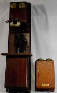 (on-2) WESTERN ELECTRIC WALL TELEPHONE & RINGER: Consists of two pieces. 1) As is. Western Electric type 21 wall phone with #239 tramsmitter arm & 229 transmitter. Wall phone missing parts. 33 inches long x 9 1/2 inches wide. 2) 1907 telephone ringe