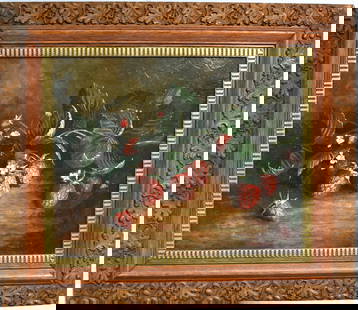 PHILIP KILUK PAIRPOINT DECORATOR OIL PAINTING: Fall River school painting. Still life with strawberries. Signed and dated by Philip Kiluk a Pairpoint glass decorator. 20th Oil painting of canvas in a period Victorian old frame. Some lostto frame.