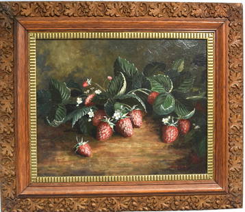 PHILIP KILUK PAIRPOINT DECORATOR OIL PAINTING: Fall River school painting. Still life with strawberries. Signed and dated by Philip Kiluk a Pairpoint glass decorator. 20th Oil painting of canvas in a period Victorian old frame. Some lostto frame.