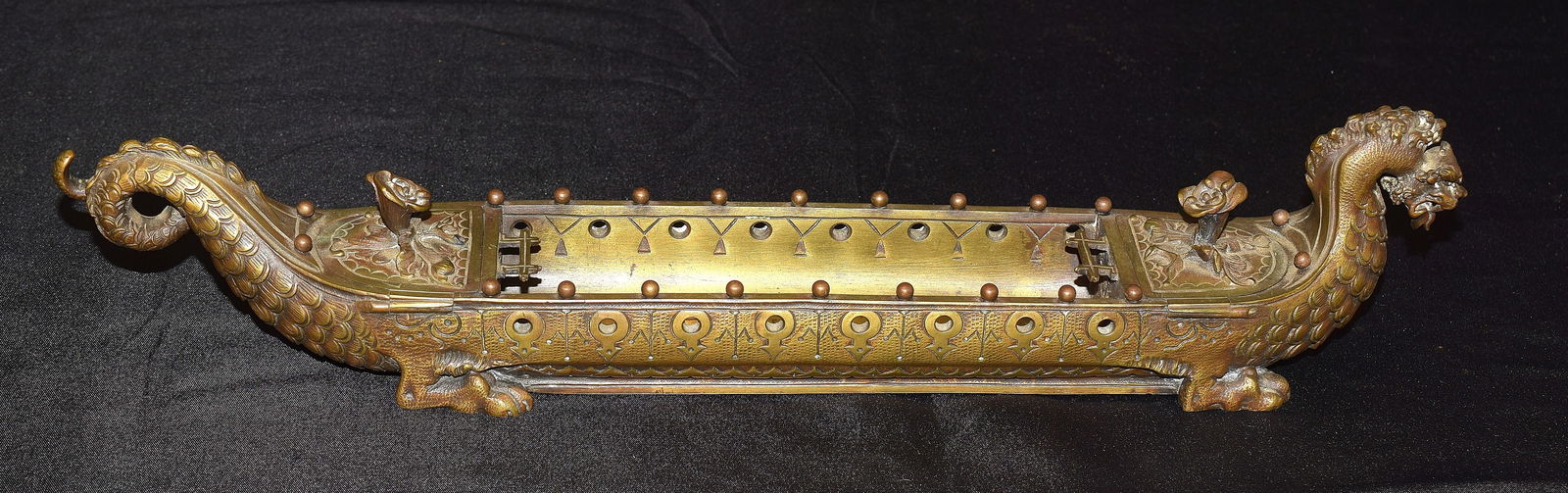 CHINESE CAST BRONZE DRAGON BOAT DOUBLE INK WELL (1 of 7)