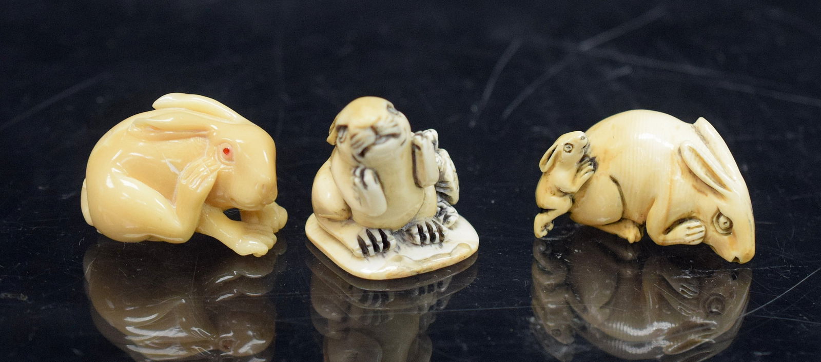 (3) JAPANESE CARVED NETSUKE RABBITS (1 of 10)