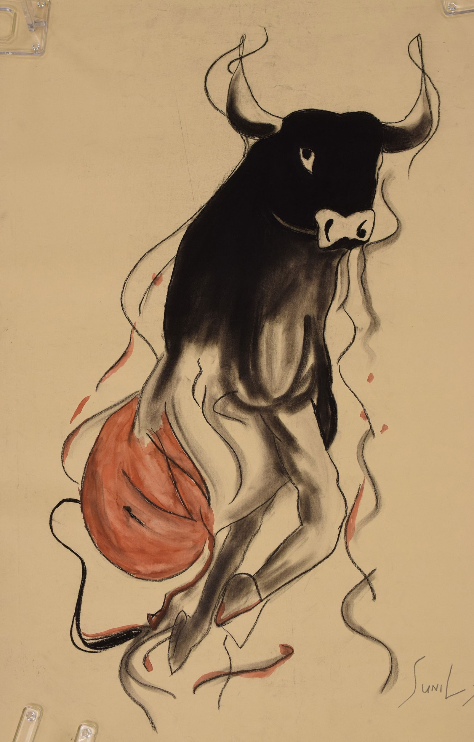 SUNIL DAS WATERCOLOR OF BULL: Watercolor and charcoal on paper of buffalo by Sunil Das (1939-2015). Sunil Das was an Indian expressionist painter. He is known for the paintings of his Bull series and women. He was the founding mem