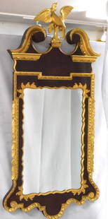 WALLACE NUTTING CHIPPENDALE STYLE EAGLE MIRROR: Signed Wallace Nutting Mahogany and gilt eagle top mirror. chippendale mirrors 68 inches, width 31 inches. Missing rosettes, some loss to gilding. chip on upper left on arch corner. Visible inphoto.