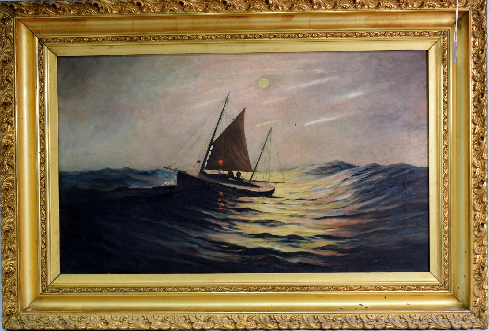 AMERICAN SCHOOL SAILBOAT OIL PAINTING: Ca 19th/20th century. Unsigned American sail boat oil painting on canvas with original gold gilt frame. Figures in boat with lantern. Image 30 inches x 18 inches. Rhode island scratcher andRhode Islan