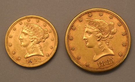 US LIBERTY 1902  $5 & 1885 $10 GOLD COINS