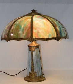 BLUE SLAG GLASS LAMP WITH LIGHTHOUSE BASE