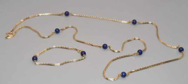 14K YELLOW GOLD & LAPIS NECKLACE & BRACELET