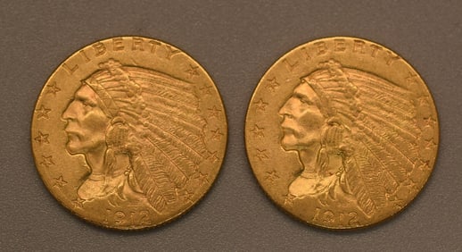 (2) 1912 INDIAN HEAD 2 1/2 GOLD DOLLARS