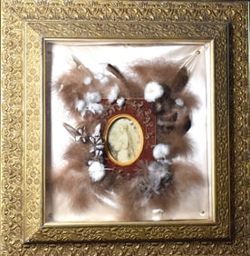 VICTORIAN SHADOW BOX FEATHER & MOURNING ART FRAME