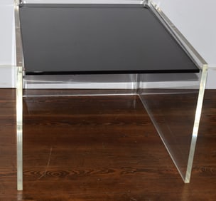 MID CENTURY LUCITE AND BLACK GLASS SIDE TABLES