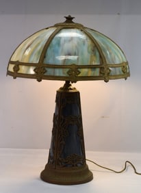 ANTIQUE LIGHTHOUSE BLUE SLAG GLASS LAMP.