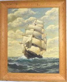 T.BAILEY OIL ON CANVAS SAILING SHIP PAINTING