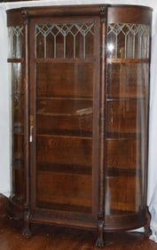 1890's OAK LEADED GLASS BOWED CHINA CABINET