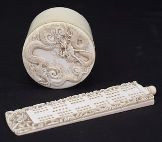 (2) CHINESE CARVED BONE CRIBBAGE BOARD & BOX