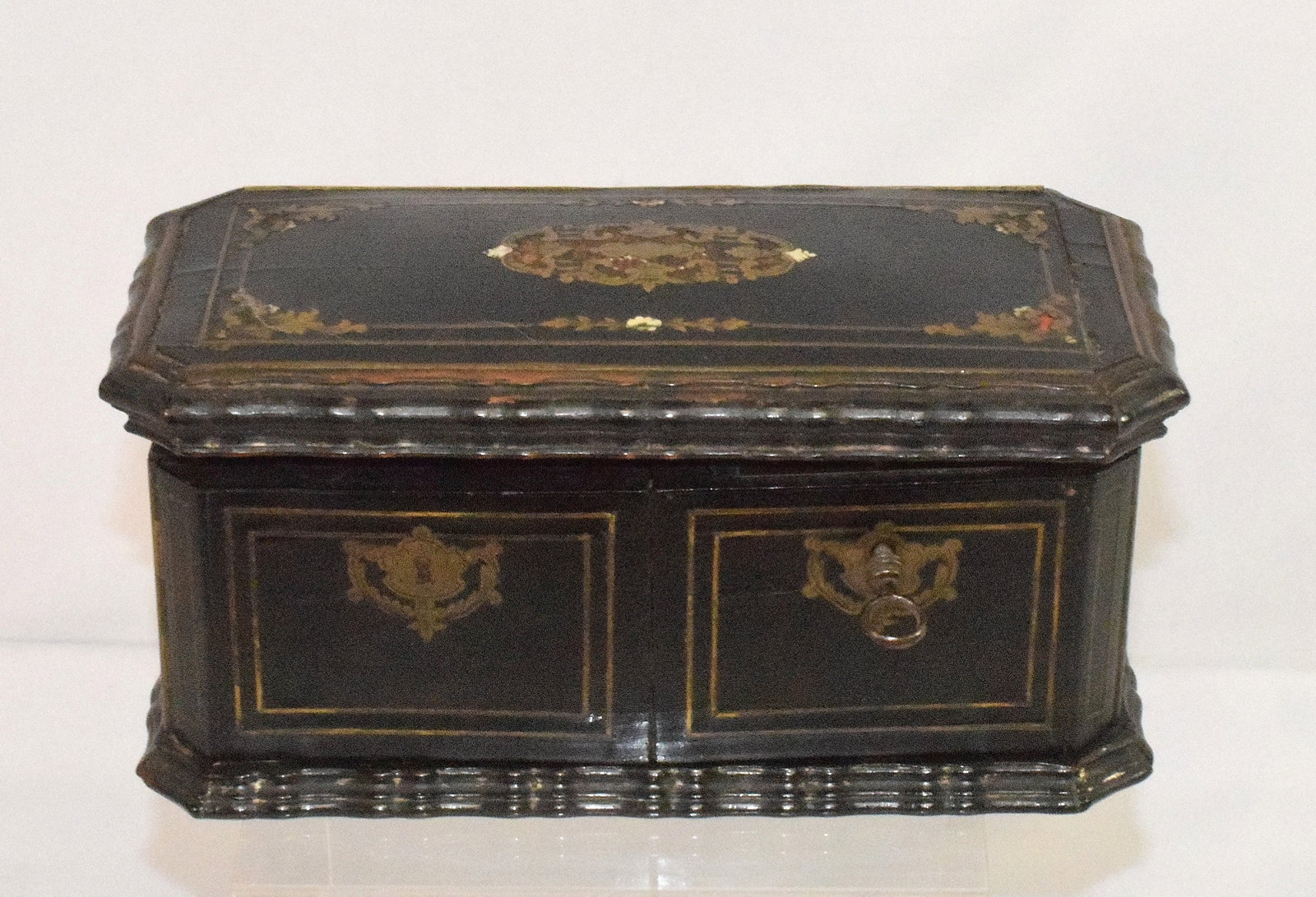 19TH FRENCH INLAID PERFUME BOTTLE BOX: Brass and bone inlaid perfume dresser bottle box. Ca 19th century. Lift top with two door front with key. Original four bottles. with painted gold accents. One bottle with chip on shoulder. Bottles 2 