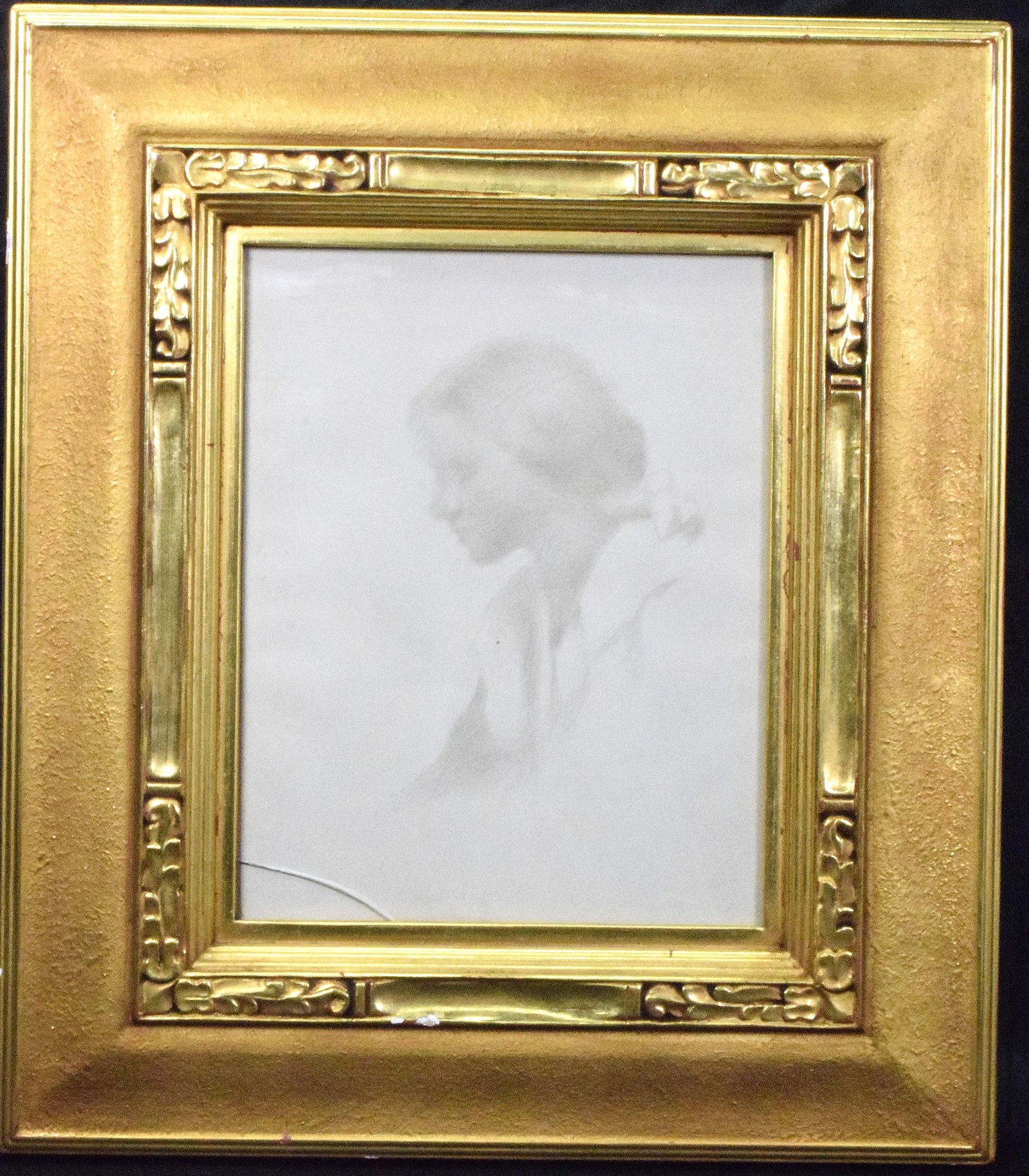 WILLIAM McGREGOR PAXTON DRAWING OF WOMAN: (William McGregor Paxton MA/MD 1869-1941). Female profile silverpoint drawing on paper. Framed under glass. Paul Goodnow gold gilt frame. Glass on frame cracked lower left. Some loss to gilding top of