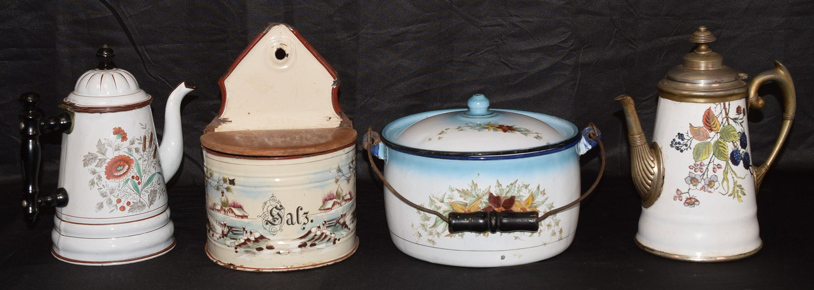 (4) FLORAL & ETC ENAMELWARE GRANITEWARE PIECES: Consists of a our piece grouping. Believe European graniteware, maybe French. 1) Rare Handing Salt with wooden lid and snow scene landscape. 9 inches tall x 6 1/2 wide x 4 1/2 deep. Some chips andwear