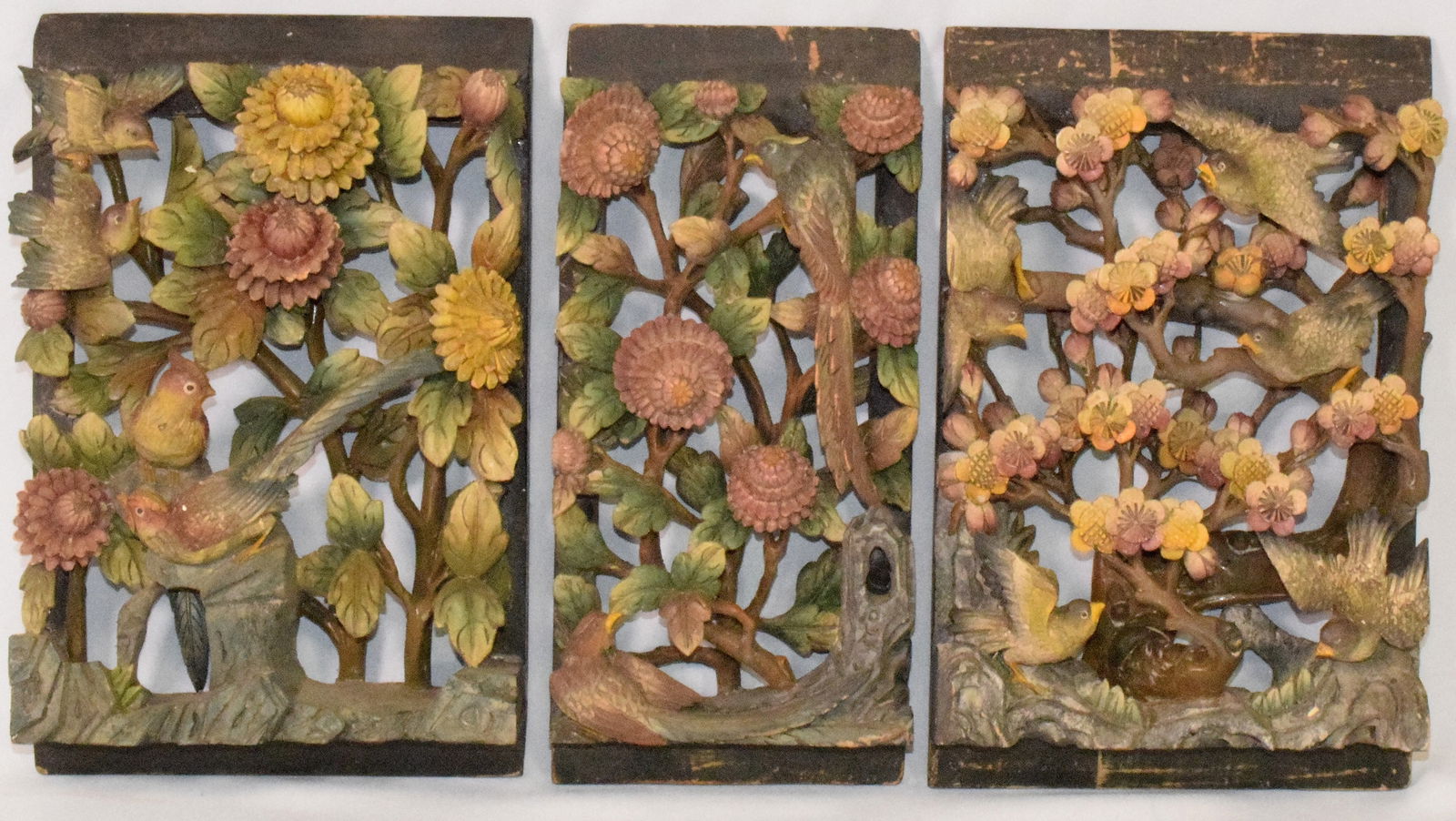 ORIENTAL CARVED BIRD AND FLORAL WALL ART GROUPING (1 of 11)