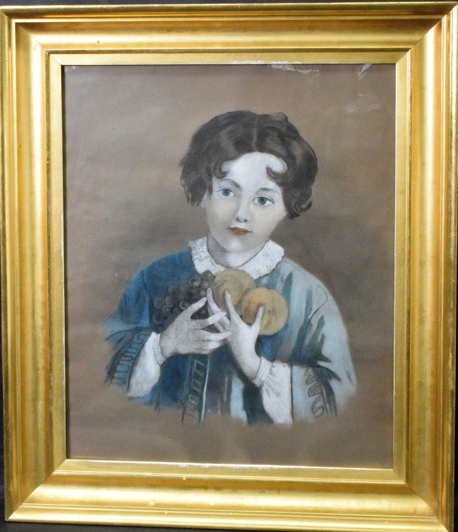 19TH CHARCOAL PAINTING ON BOY WITH FRUIT (1 of 5)