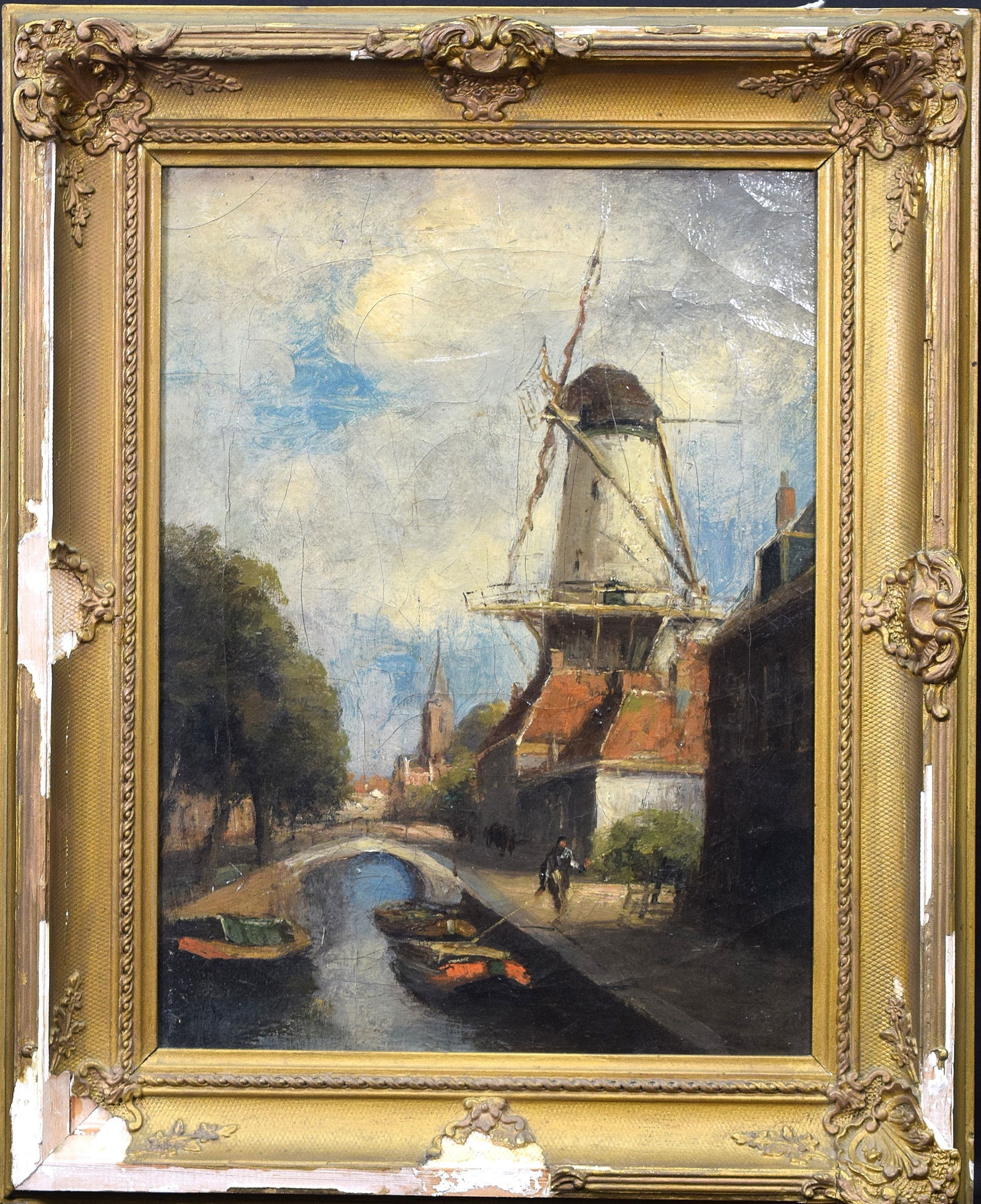19th DUTCH SCHOOL OIL PAINTING: Oil on canvas. Not signed. Some marking lower left. Can't make out. Windmill with canal. Image 12 inches x 16 inches. Frame seems original with some loss. Some crackalue on painting. All visible in ph